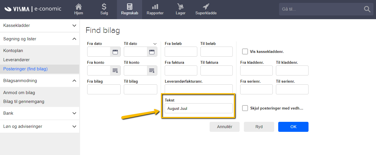 Viser søgefeltet 'Tekst' i 'Find bilag' – bruges til at søge bilag frem med personoplysninger.