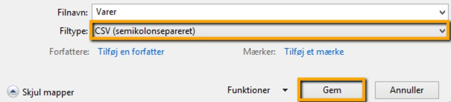 Viser valg af filtypen 'CSV (semikolonsepareret)' i Gem som-vinduet – bruges til at gemme en fil i det korrekte format til import i e-conomic.