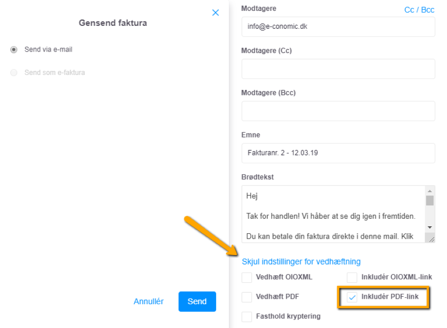 Viser flueben i 'Inkludér PDF-link' i dialogboksen 'Gensend faktura' – bruges til at sende fakturaen som et link for at kunne spore, om kunden åbner den.