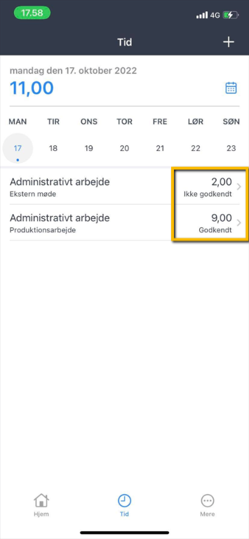 Viser en oversigt over indberettede timer i Tid-modulet i mobilappen – bruges til at få et overblik over sine registrerede timer og deres godkendelsesstatus.