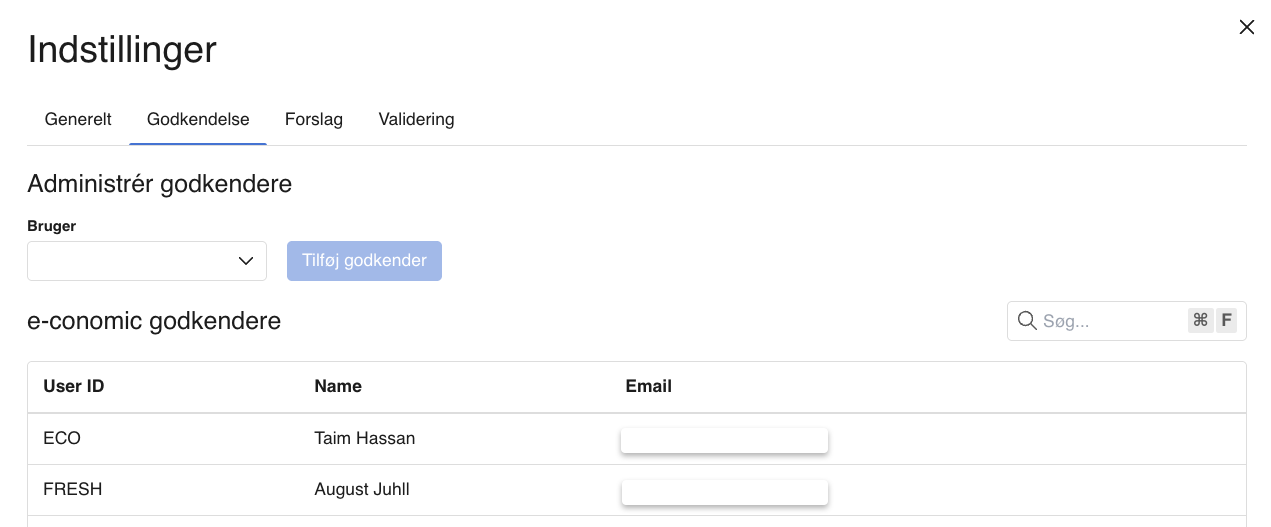 Viser administration af godkendere i Indstillinger for Inbox – bruges til at styre hvilke brugere, der kan godkende bilag.