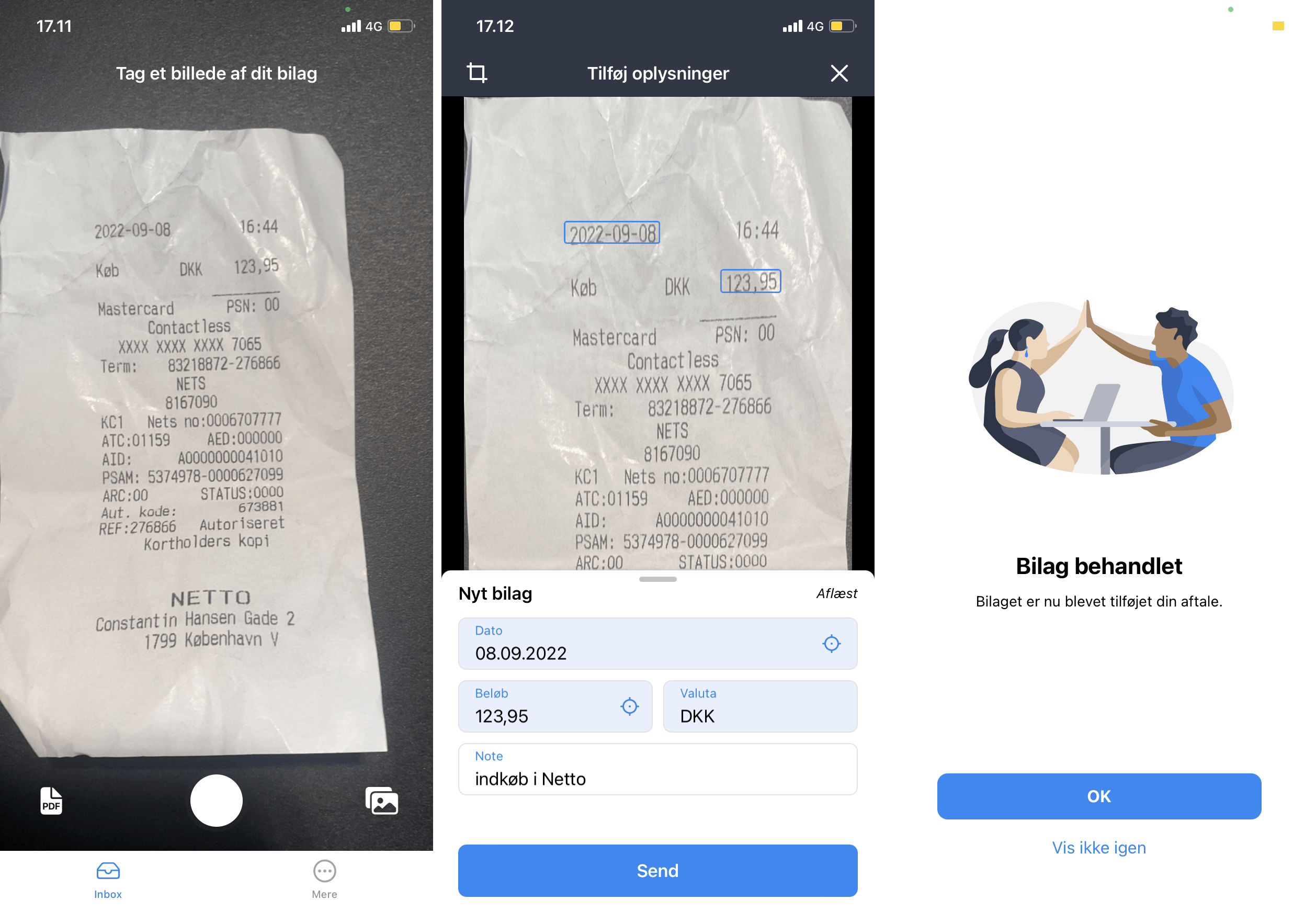 Viser flowet for indsendelse af bilag i e-conomic appen – bruges til at digitalisere og indsende fysiske bilag til bogføring.