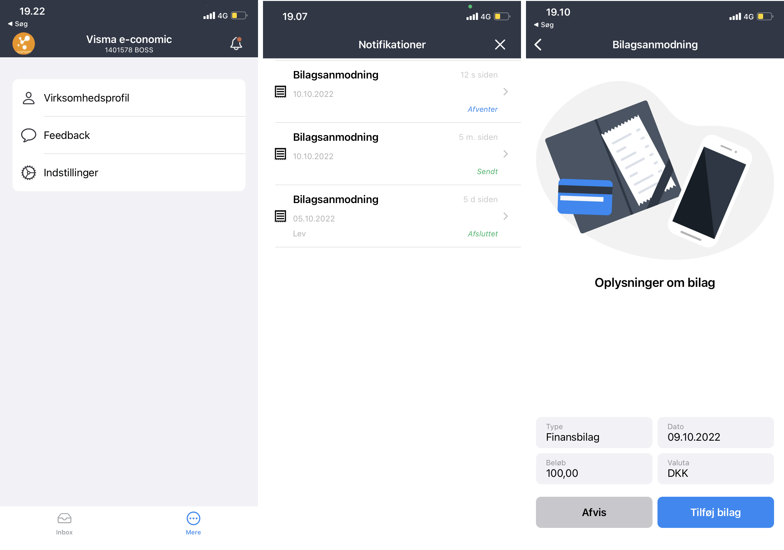 Viser navigationen til en bilagsanmodning i e-conomic app'en – bruges til at finde anmodningen og tilføje det manglende bilag.