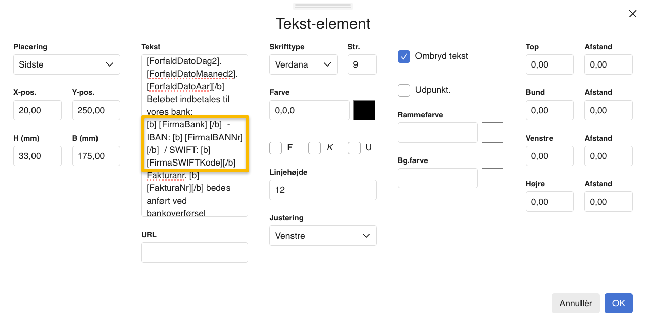 Viser et tekst-element i skabelonsamlingen – bruges til at indsætte feltkoder for IBAN og SWIFT på en betalingsbetingelse.