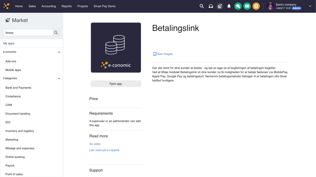 Viser knappen "Fjern app" i Market – bruges til at fjerne Betalingslink-integrationen