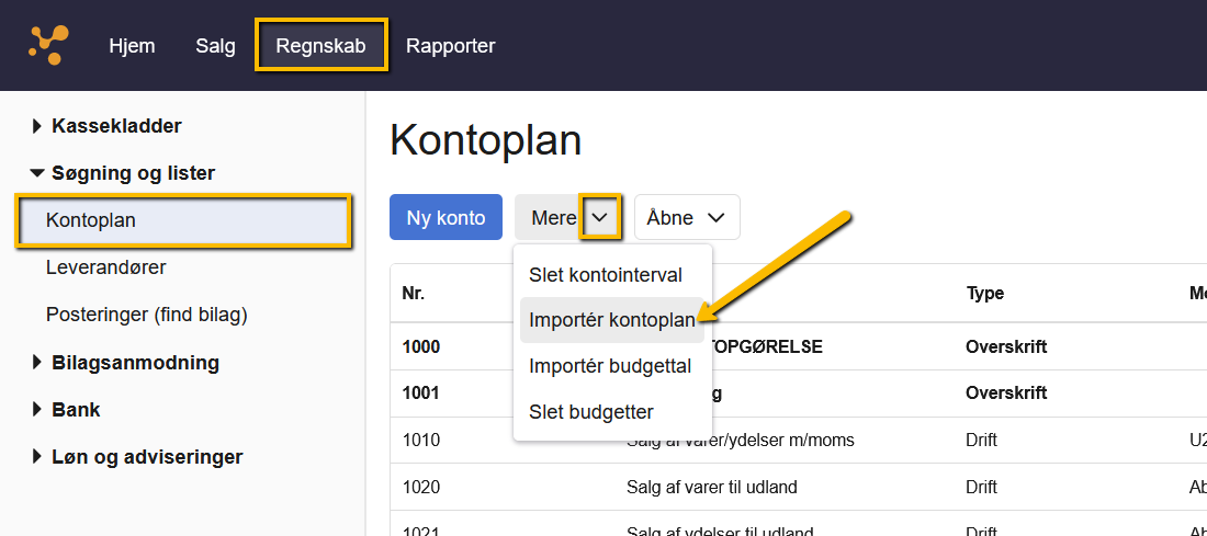 Viser knappen 'Importér kontoplan' i 'Mere'-menuen i Kontoplanen – bruges til at indlæse en kontoplan fra en fil.