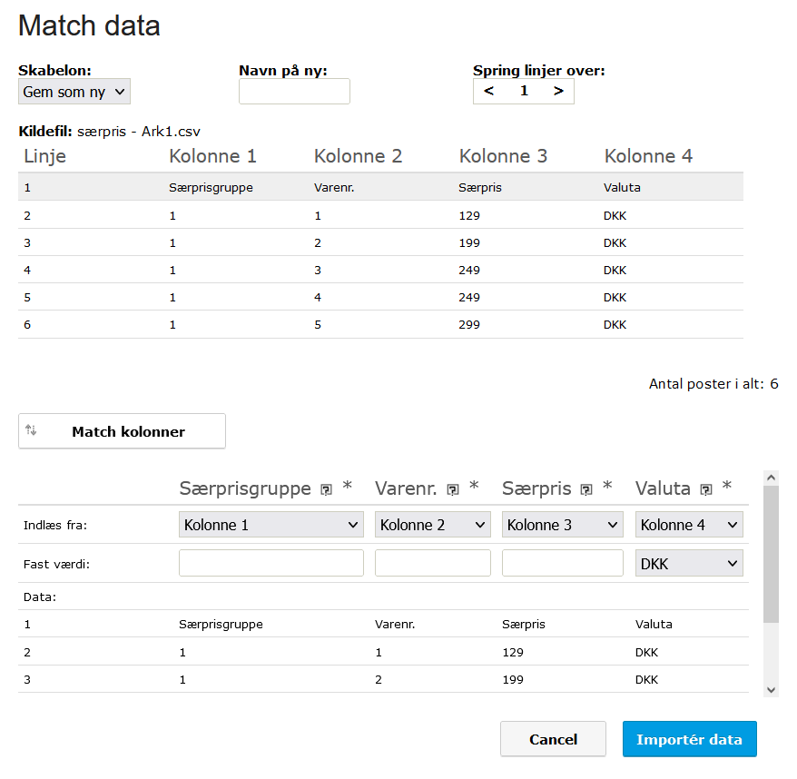 Viser matchning af kolonner ved import af særpriser – bruges til at mappe data fra en kildefil til de korrekte felter i e-conomic.