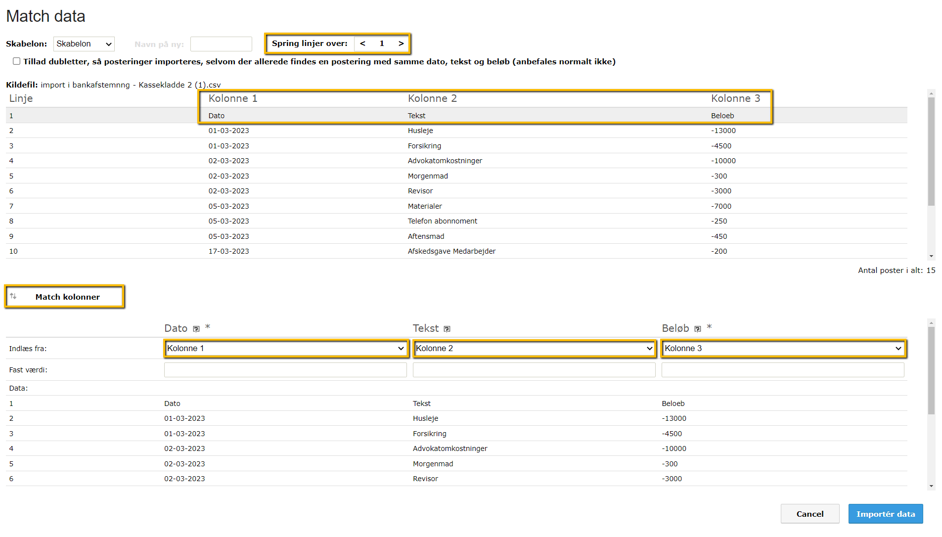 Viser match af kolonner i importfunktionen for bankafstemning – bruges til at knytte data fra en fil til de korrekte felter i e-conomic.