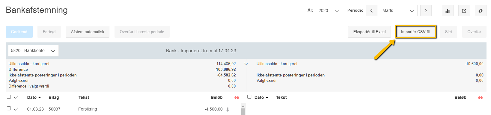 Viser "Importér CSV-fil"-knappen i Bankafstemning – bruges til at importere bankposteringer fra en CSV-fil.