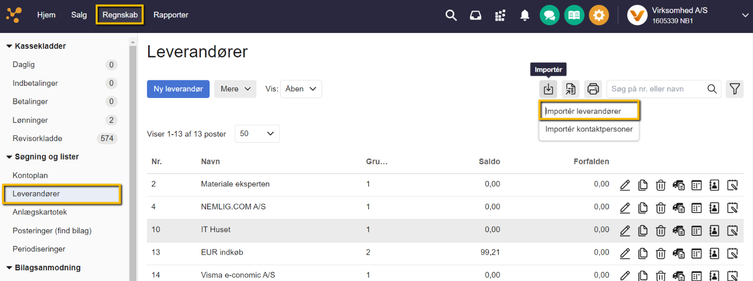 Viser knappen 'Importér leverandører' i leverandøroversigten – bruges til at starte importen af en leverandørfil.