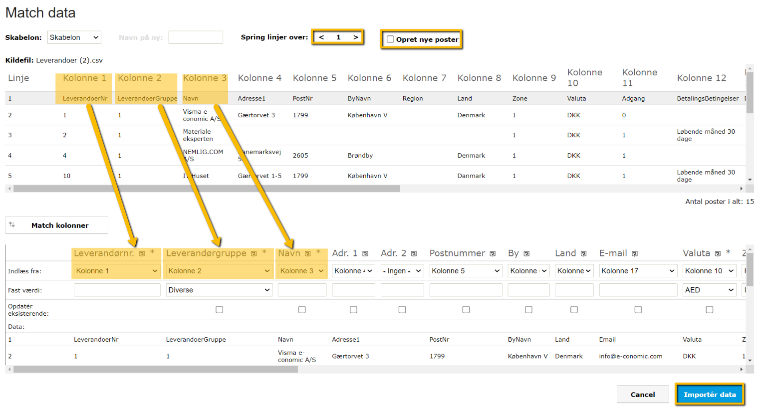 Viser match-funktionen ved import af leverandører – bruges til at forbinde data fra en fil med de korrekte felter i e-conomic.