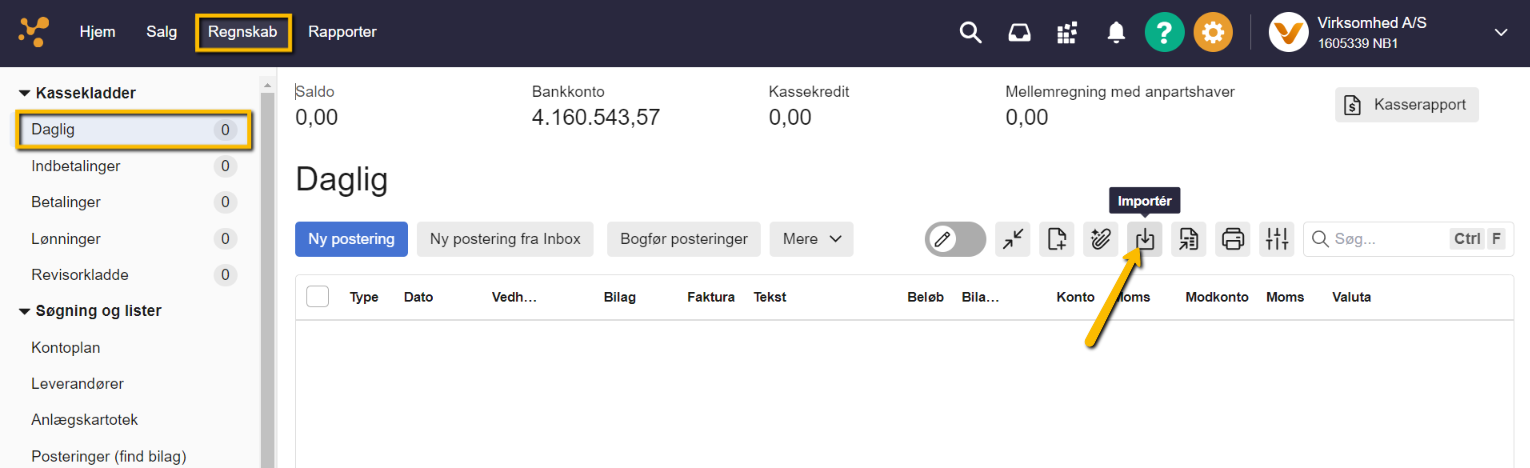 Viser Importér-ikonet i en kassekladde – bruges til at indlæse posteringer fra en fil.
