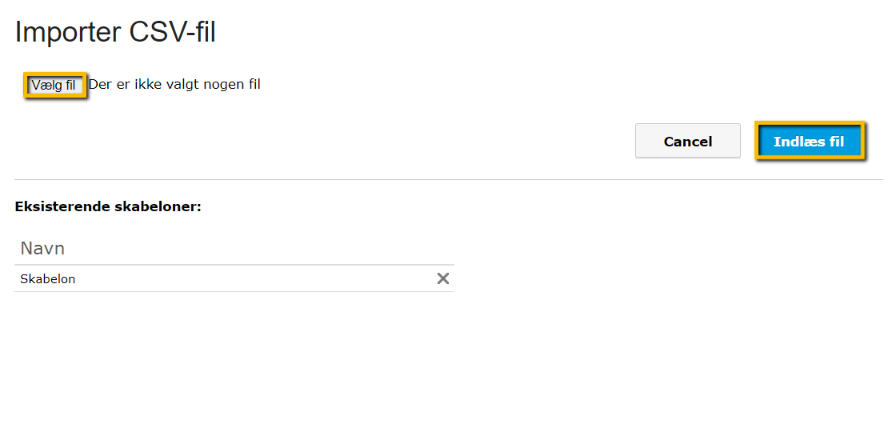 Viser dialogboksen til import af CSV-fil i Kassekladder – bruges til at vælge og indlæse en CSV-fil med posteringer.