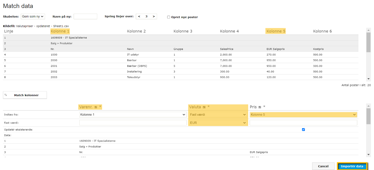 Viser datamatch-vinduet i import af valutapriser – bruges til at matche data fra en fil med systemets felter for varenummer, valuta og pris.