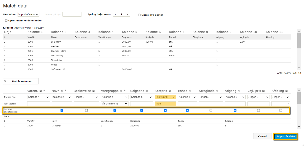 Viser matchning af kolonner i vareimporten – bruges til at sikre, at data fra en fil overføres til de korrekte felter i e-conomic.