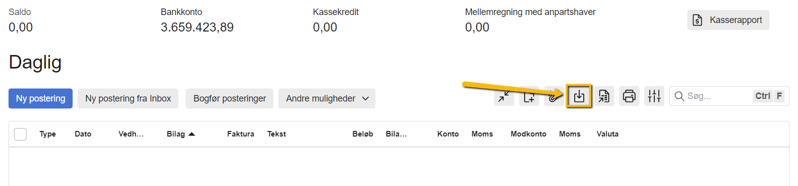 Viser ikonet 'Importér posteringer' i kassekladden – bruges til at importere posteringer fra en fil.