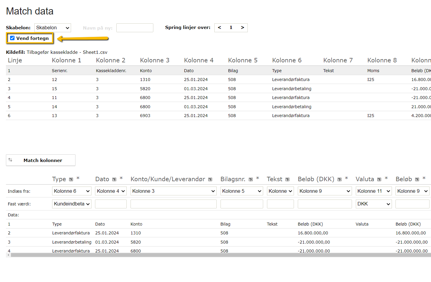 Viser afkrydsningsfeltet "Vend fortegn" i vinduet "Match data" – bruges til at importere posteringer med omvendt fortegn for at udligne eksisterende posteringer.