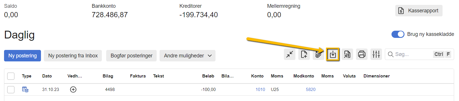 Viser ikonet 'Importér posteringer' i kassekladden – bruges til at importere posteringer fra en fil.