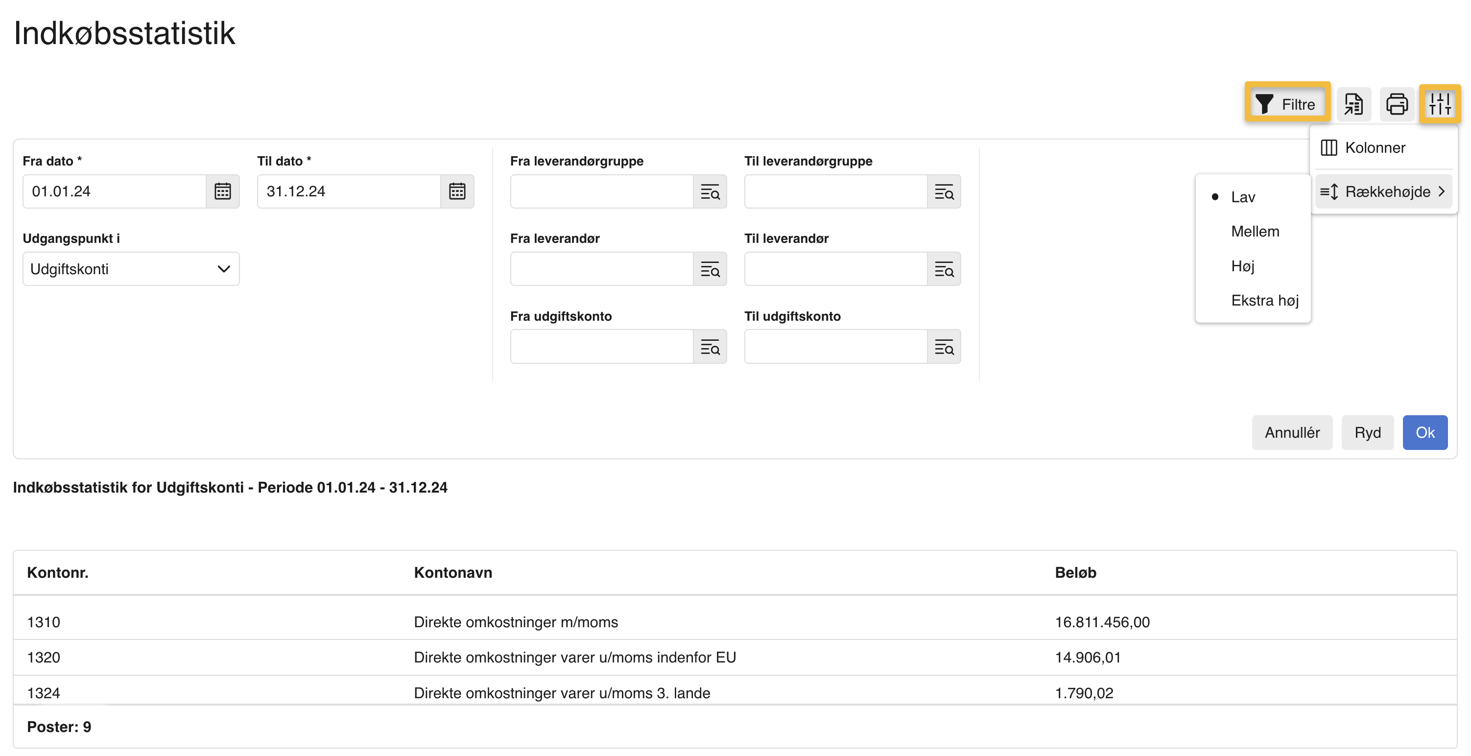 Viser filter- og tabelindstillinger i rapporten Indkøbsstatistik – bruges til at afgrænse søgningen og tilpasse tabellens visning.