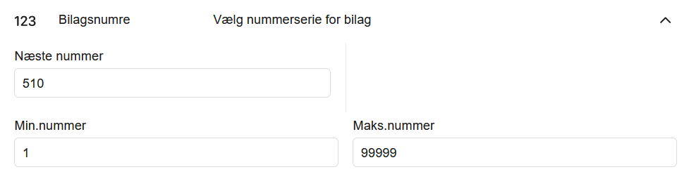 Viser indstillingerne for bilagsnumre i opsætning af kassekladde – bruges til at definere startnummeret og intervallet for en nummerserie.