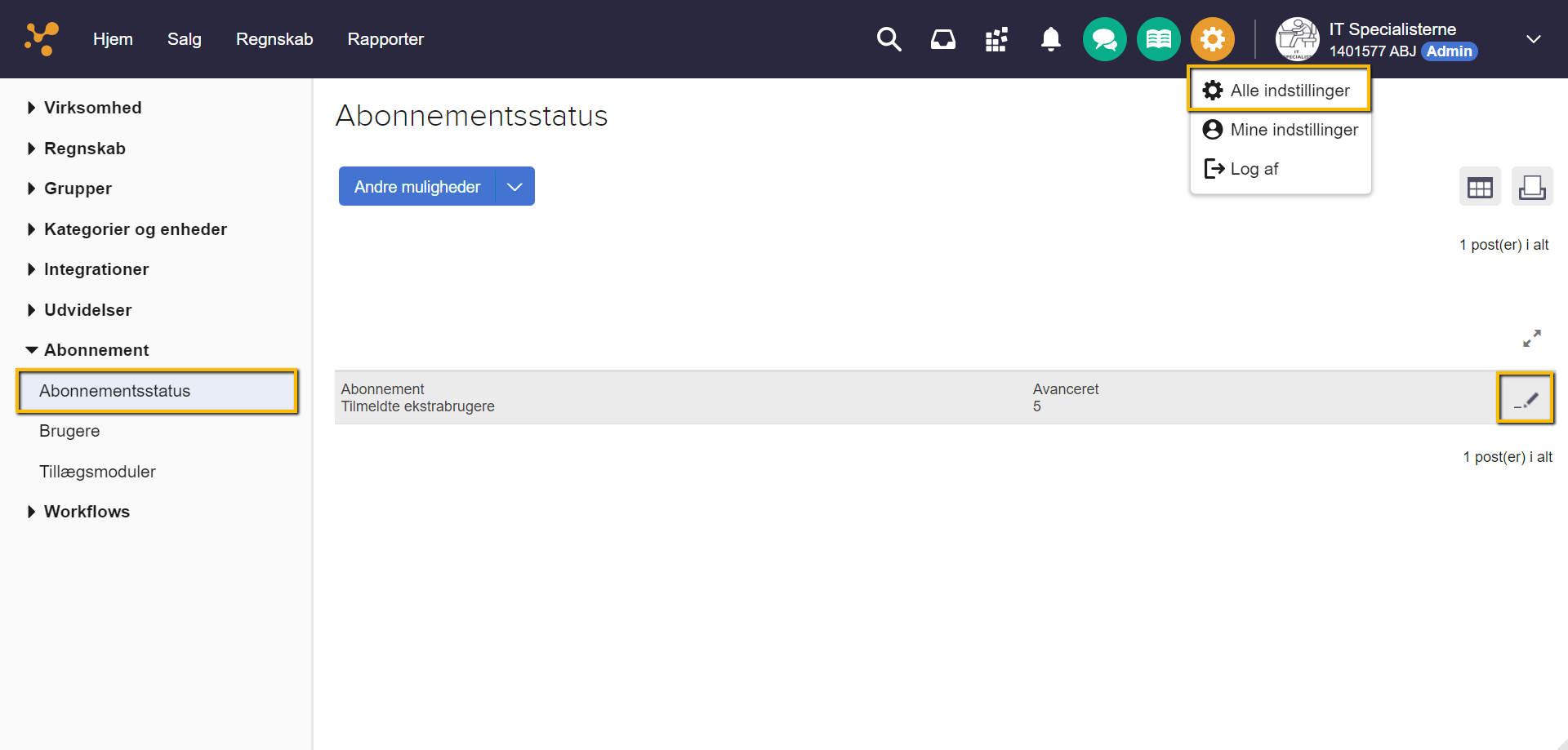 Viser redigeringsvinduet for abonnementsstatus – bruges til at åbne og gemme ændringer på kundens abonnement.