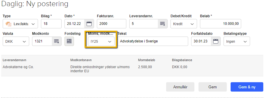 Viser valg af momskode 'IY25' på en leverandørfaktura i kassekladden – bruges til at bogføre et køb af en ydelse fra et andet EU-land.