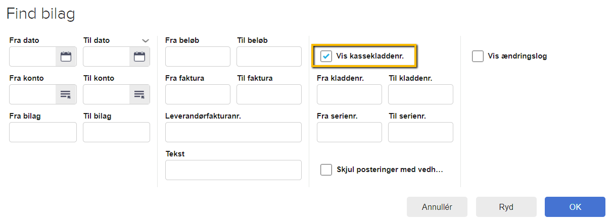 Viser afkrydsningsfeltet 'Vis kassekladdenr.' i søgeboksen 'Find bilag' – bruges til at fremvise kassekladdenummeret i posteringsoversigten.