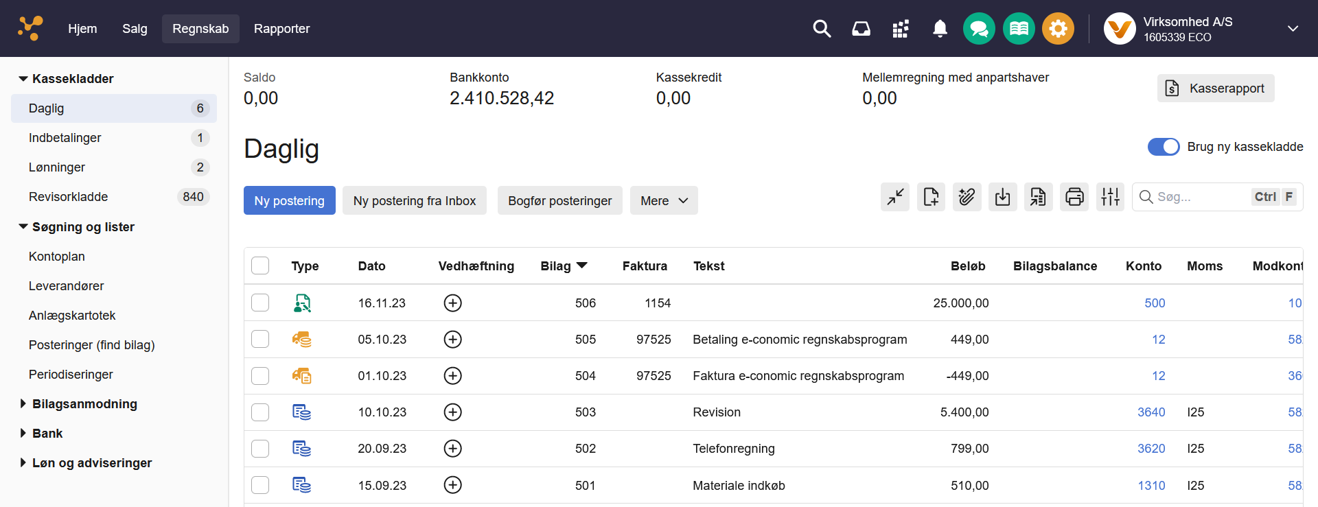 Viser oversigten i en kassekladde i Kassekladder – bruges til at oprette, redigere og bogføre posteringer.