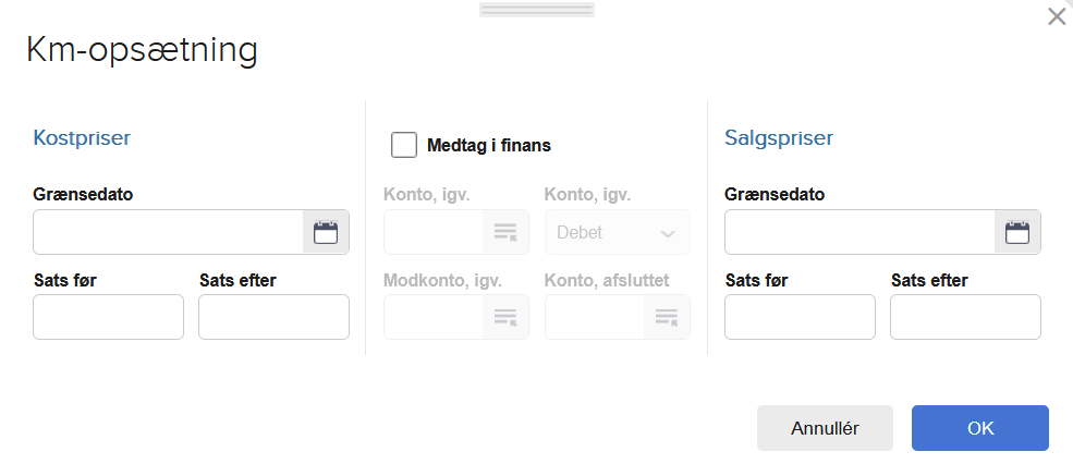 Viser dialogboksen Km-opsætning i Projektmodulet – bruges til at opsætte kost- og salgspriser samt finanskonti for medarbejderes kørsel.