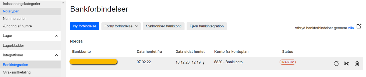 Viser oversigten over bankforbindelser i Bankintegration – bruges til at administrere og se status på sine bankintegrationer.