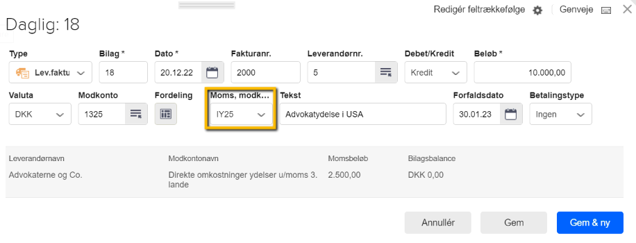 Viser valg af momskoden IY25 i en leverandørfaktura – bruges til at bogføre købsmoms for en ydelse fra lande uden for EU.