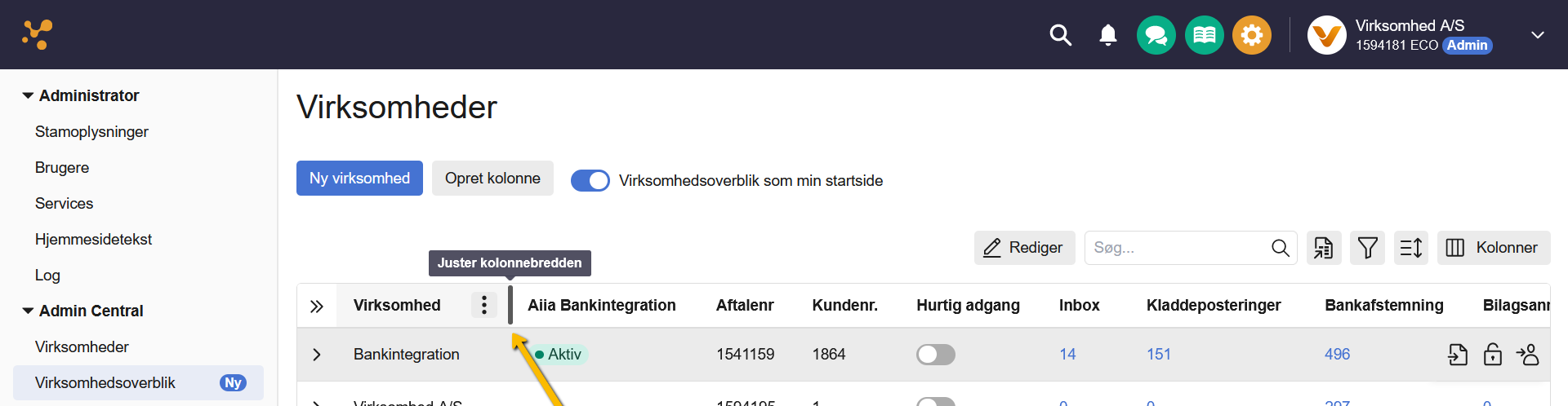 Viser Virksomhedsoverblikket i Admin Central – bruges til at få et samlet overblik over alle virksomheder i en koncernaftale og tilpasse visningen med relevante kolonner.