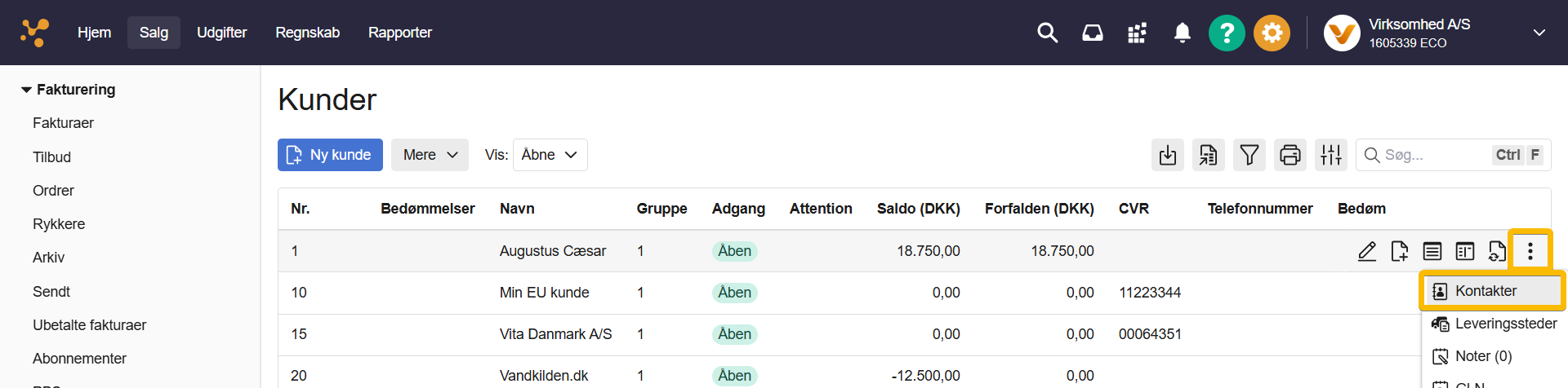 Viser klik på Kontakter via de tre prikker ud for en kunde i Salg – bruges til at åbne oversigten over kontaktpersoner for kunden.