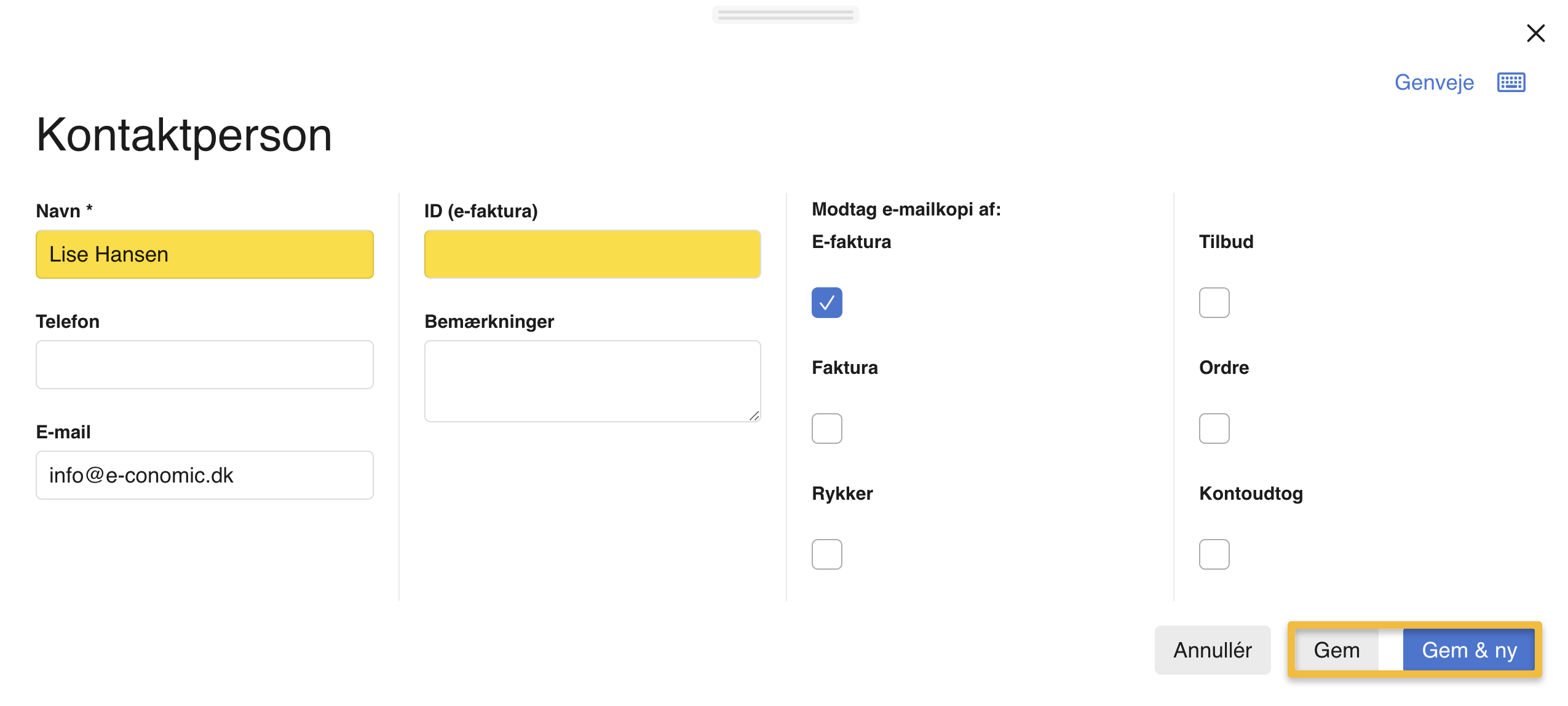 Viser oprettelse af en kontaktperson i kundekartoteket – bruges til at tilføje en personreference til brug på e-fakturaer.