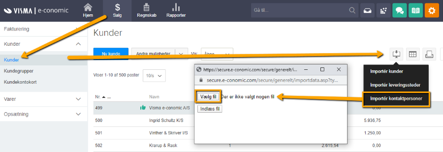 Viser menupunktet 'Importér kontaktpersoner' i kundekartoteket – bruges til at starte importen af en fil med kontaktpersoner.