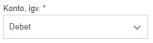 Viser dropdown-feltet 'Konto, igv.' i Projekter – bruges til at vælge om posteringen for igangværende arbejde skal være debet eller kredit.