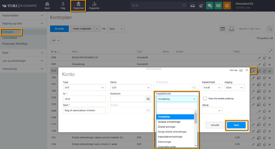 Viser rullemenuen Nøgletalskode i kontoplanen – bruges til at indsætte en nøgletalskode på en konto.