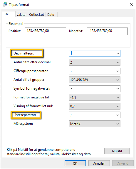 Viser felterne 'Decimaltegn' og 'Listeseparator' i Windows' indstillinger for talformat – bruges til at tilpasse talformatet på computeren, så en CSV-fil kan læses korrekt.