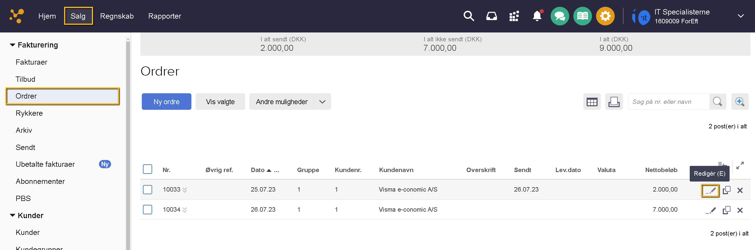 Viser Redigér-ikonet i ordreoversigten – bruges til at redigere en ordre for at konvertere den til en faktura.