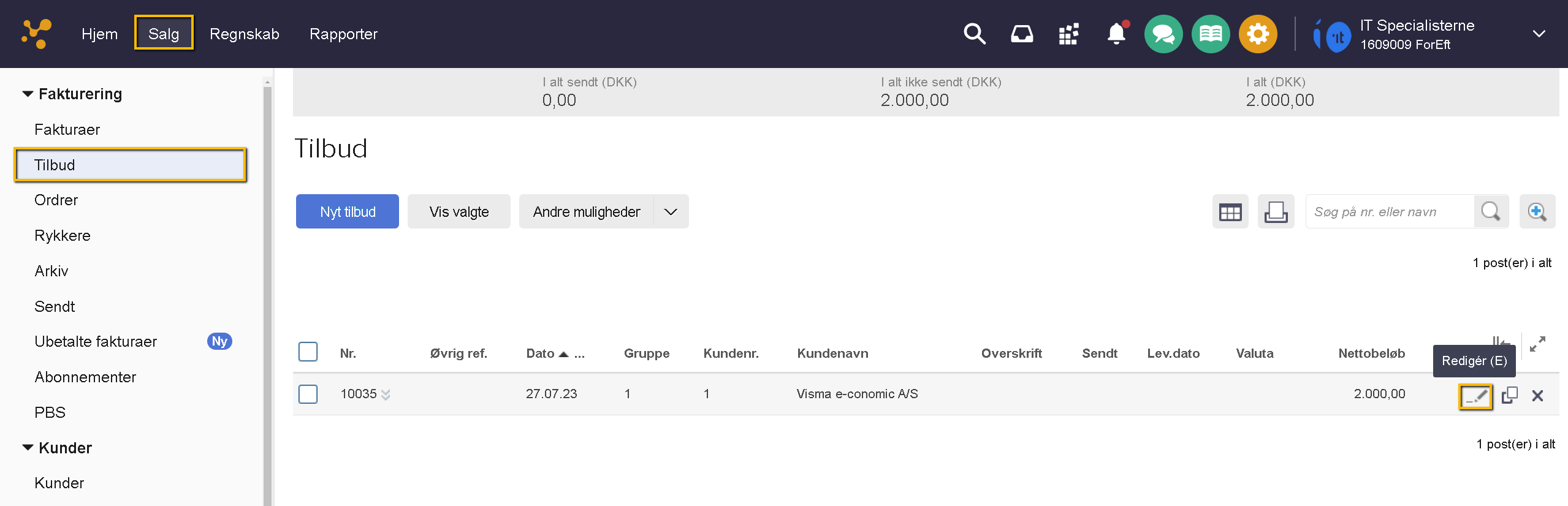 Viser blyantikonet 'Redigér' i tilbudsoversigten – bruges til at åbne et tilbud for at konvertere det til en ordre.