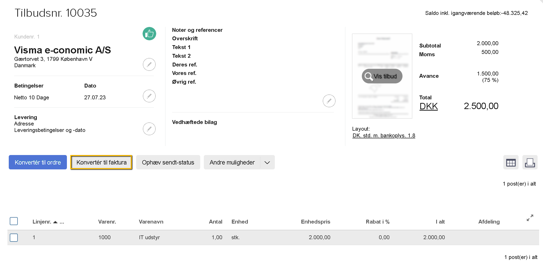 Viser knappen 'Konvertér til faktura' i et tilbud – bruges til at konvertere tilbuddet til en faktura.