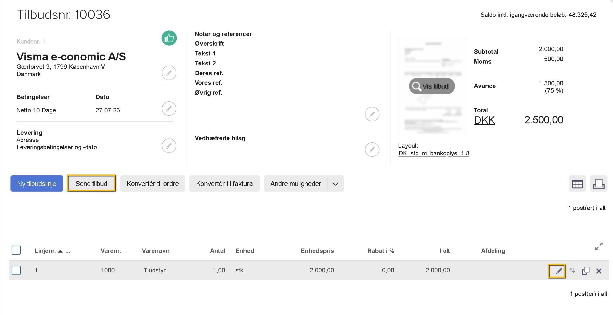 Viser knappen 'Konvertér til ordre' på et tilbud – bruges til at konvertere tilbuddet til en ordre.