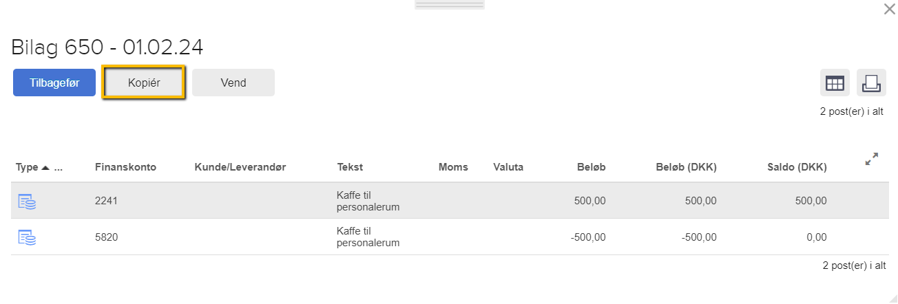 Viser knappen 'Kopiér' i transaktionsvisningen for et bilag – bruges til at oprette en kopi af bilagets posteringer i en kassekladde.