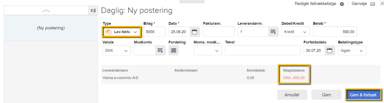 Viser oprettelse af en leverandørfaktura i kassekladden – bruges til at indtaste en kreditors saldo ved fordeling fra en samlekonto.