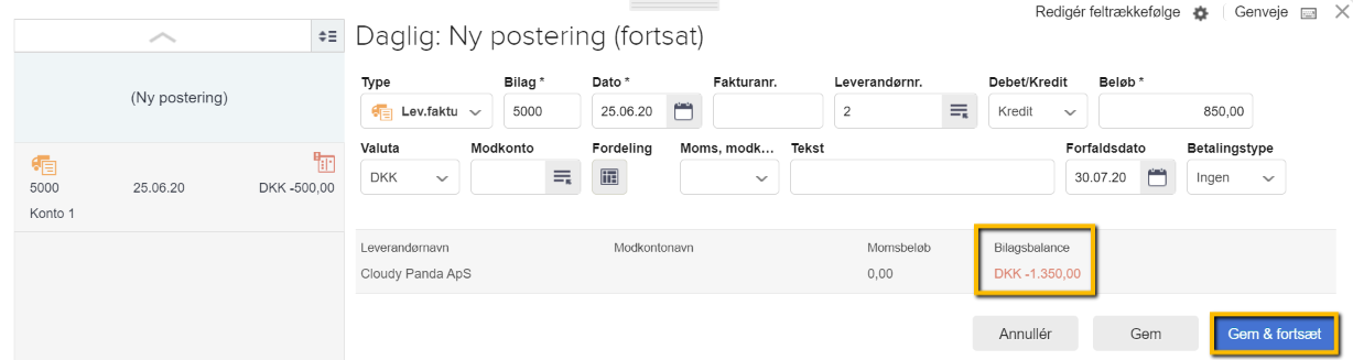 Viser en postering for en leverandørfaktura i kassekladden – bruges til at registrere en kreditors saldo for at fordele den fra en samlekonto.