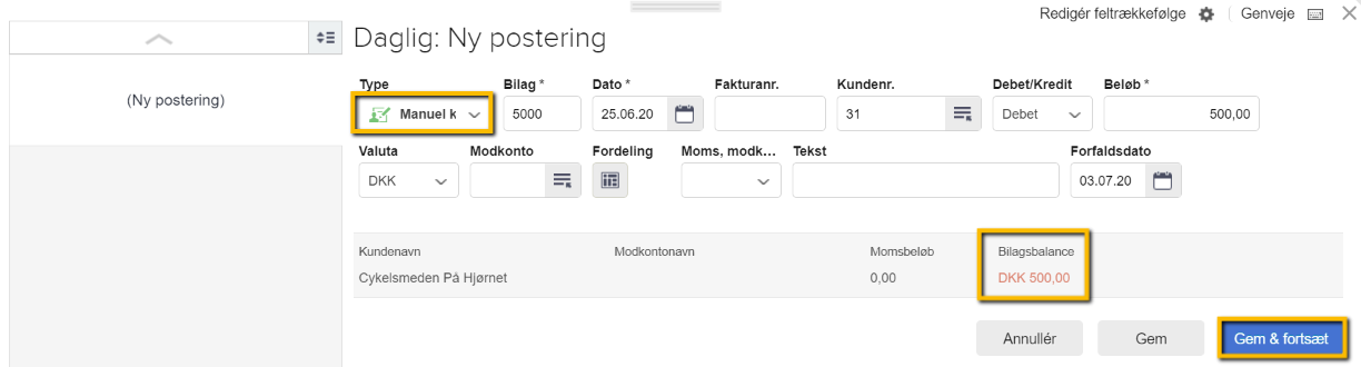 Viser oprettelse af en manuel kundefaktura i kassekladden – bruges til at indtaste en enkelt kundes saldo.
