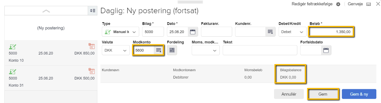 Viser den afsluttende postering i kassekladden – bruges til at udligne de forrige kundeposteringer mod en debitorsamlekonto, så bilagsbalancen bliver nul.