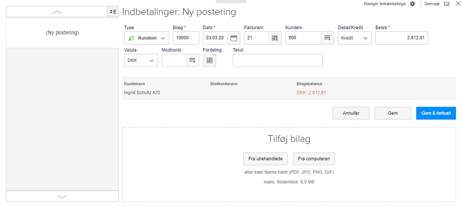 Viser en kundeindbetalingspostering i kassekladden – bruges til at registrere det fulde fakturabeløb på kunden.