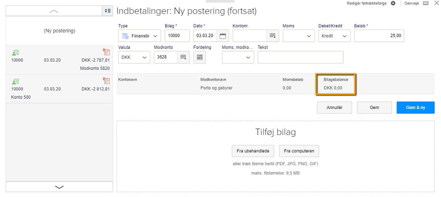 Viser en nulstillet bilagsbalance i kassekladden – bruges til at kontrollere, at en indbetaling og gebyr stemmer inden bogføring.