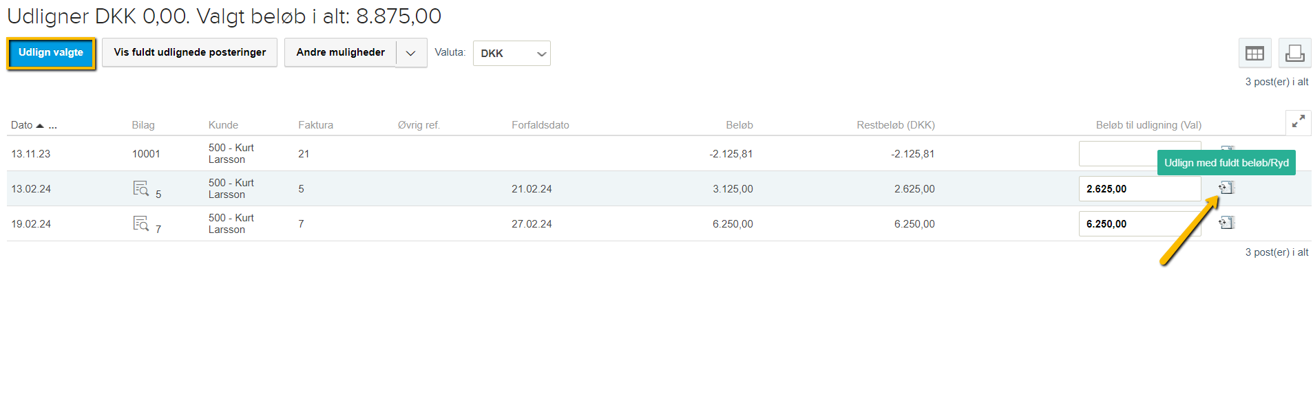Viser ikonet 'Udlign med fuldt beløb' i udligningsvinduet – bruges til at vælge det fulde fakturabeløb til udligning.